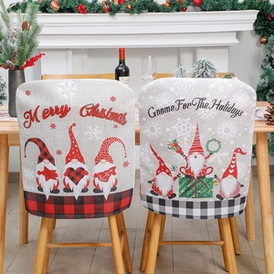 Christmas Chair Covers Linen Gnome Dining Room Decor Plaid Border Merry Christmas Print Grey Red Festive Holiday