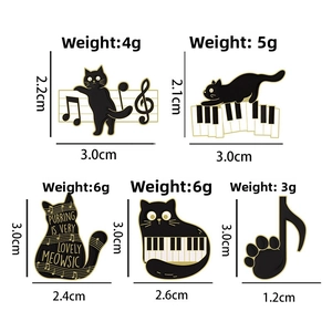 Set of 5 cartoon black cat enamel pins featuring piano keys and music notes with dimensions