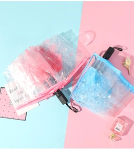 Close-up of pink and blue cherry blossom transparent PVC folding umbrellas on aesthetic background