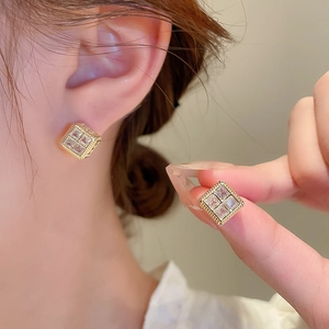 French style gold-plated square stud earrings with sparkling cubic zirconia for women