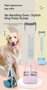 Long-handled pooper scooper for dogs available in pink, blue, and cyan pastel colors