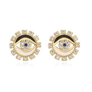 Luxurious gold evil eye stud earrings with blue crystals and white zircon accents