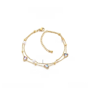 Double-layer stainless steel anklet specs showing 210mm chain and opal heart charm