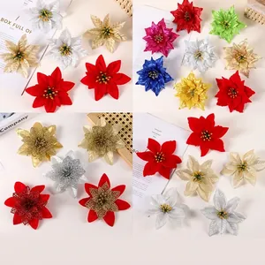 Christmas Poinsettia Flowers Artificial Velvet Glitter Xmas Tree Ornaments Holiday Home Party Decoration Wedding Floral