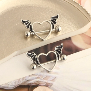 Silver stainless steel heart angel wing nipple rings with black enamel accents