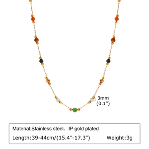 Detail of multi-color beads on gold IP plated stainless steel necklace with size data