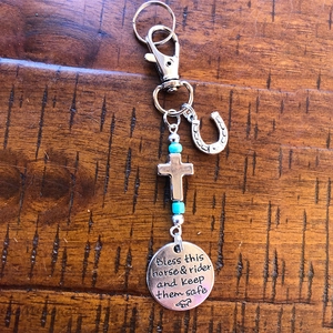 Silver horse and rider blessing charm keychain with horseshoe, cross and turquoise beads