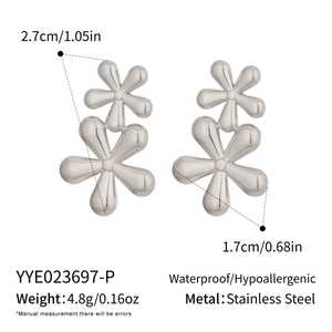 Detailed view of floral stainless steel stud earrings showing dimensions 2.7x1.7cm