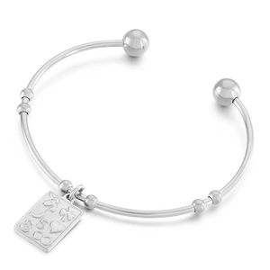 Minimalist silver stainless steel open bangle with engraved rectangular charm motifs