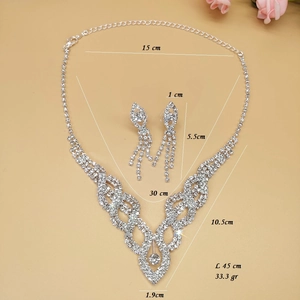 Exquisite hollow silver V-shaped bridal necklace and tassel earrings jewelry set with rhinestones