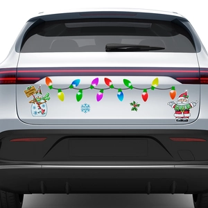 Christmas magnetic car stickers featuring Santa, snowmen and light bulbs on white SUV trunk