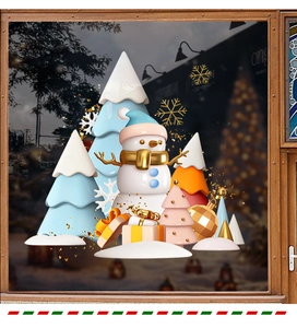 Detailed 3D Christmas snowman and colorful trees window clings for festive holiday decoration