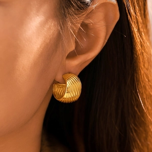 Elegant 18k gold plated stainless steel C-shape earrings with shell textured twist design