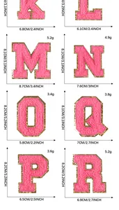 Detailed dimension guide for rose red chenille letter patches with gold glitter border
