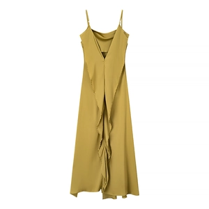 Elegant mustard yellow sleeveless backless maxi dress with tiered ruffle detailing