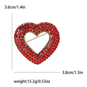 Elegant gold-tone hollow heart brooch with red rhinestones and product measurements