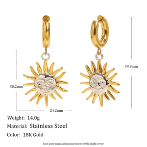 Detail shot of 18K gold-plated stainless steel sun earrings with size specifications
