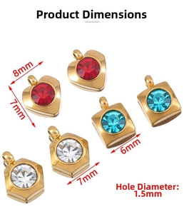 Detailed size specifications for heart and geometric stainless steel gemstone pendants