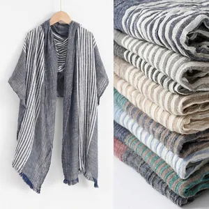 Men Striped Rayon Scarf Lightweight Crinkled Texture Fringed Long Casual Wrap Neck Warmer Pashmina