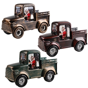 Set of retro Christmas truck lanterns with Santa Claus and sparkling snow globes inside