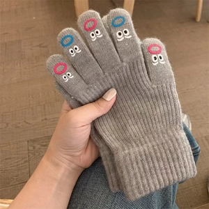 Grey knit gloves for women winter warm cute eyes pattern soft cozy daily wear detail view
