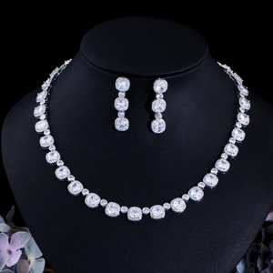 Luxury Copper Zirconia Jewelry Set For Women Elegant Full Zircon Necklace Earrings Set Gold Silver Plated Bridal Party Accessory
