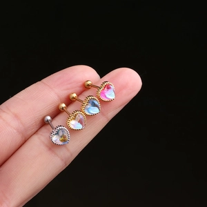 Colorful heart moonstone ear studs with stainless steel screw backs in multiple colors