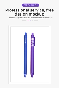 Detail of blue and purple retractable gel pens with custom logo on candy color matte barrels