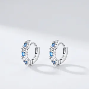 925 Sterling Silver Hoop Earrings With Blue And White Cubic Zirconia Sparkling Geometric Huggie Jewelry For Women