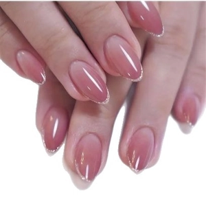 Classic French pink gradient almond press-on nails with silver glitter tips for women