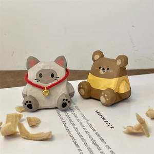 Figurines chat et ours en bois sculptées à la main, supports à stylos créatifs pour bureau