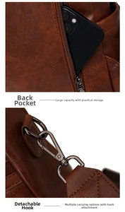 Detail view of brown vintage leather backpack with anti-theft pocket and metal hooks