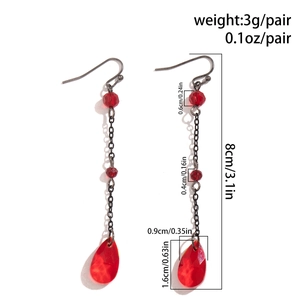 Detailed size measurement of gothic red water drop tassel earrings with dark metal hooks