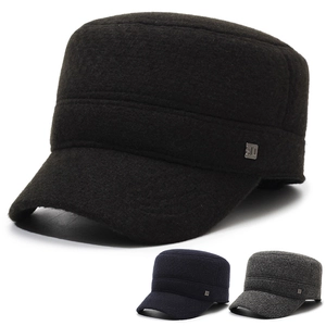 Men Winter Flat Top Cadet Cap Cotton Wool Blend Warm Fleece Lined With Ear Flaps Windproof Adjustable Solid Color Hat