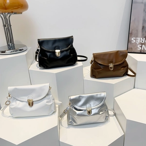 Pleated PU leather handbag with gold twist lock in black, brown, white and silver