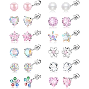 Stainless Steel Stud Earrings Zirconia Faux Artificial Pearl Screw Back Piercing Jewelry For Women Heart Star Flower Rust Resistant