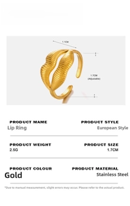 Detailed view of golden lip-shaped open ring with 1.7cm adjustable size measurement