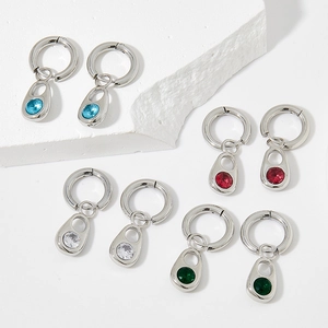 Silver stainless steel hoop earrings with colorful zircon pendants in four vibrant colors