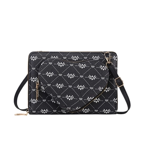 Black monogram crossbody bag with heart pouch and golden zippers on white background
