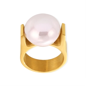 Chic 18K gold plated titanium ring featuring a large pink faux pearl on a wide band