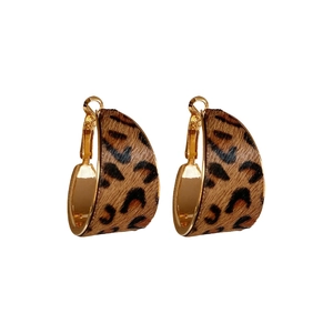 Fashionable leopard print hoop earrings with gold metal trim and silver needles
