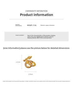 Detailed view of gold-plated snake ring with crystals and size dimensions information