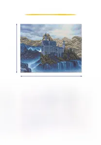 Diamond painting kit detail showing castle canvas, resin drills, and crafting tools set