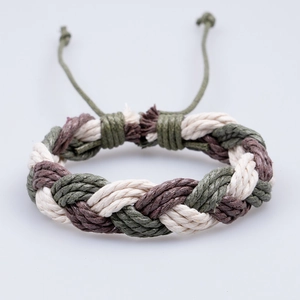 Braided multilayer rope bracelet set in army green, dark brown, and beige tones