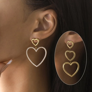 Heart Dangle Drop Earrings With Stainless Steel Earring Post 18K Gold Plated Faux Artificial Pearl Multi Layer Hollow Out For Women