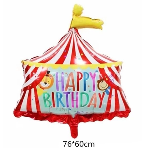 Circustent folieballon met rood-witte strepen en leeuw-aap voor een verjaardagsfeest