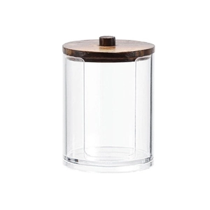 Clear circular acrylic storage jar with a premium dark wood lid on a white background
