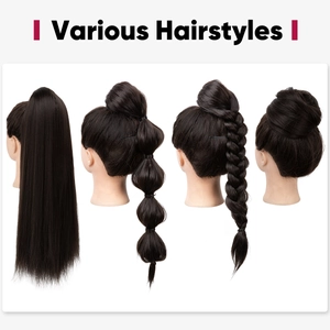 Versatile black drawstring ponytail extension showing four different stylish hair looks