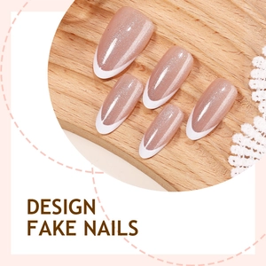 Long oval aurora cat eye fake nails with nude pink base and white French tips decoration