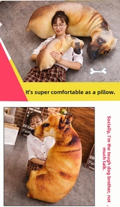 Realistic 3D dog-shaped plush pillow detail showing the lifelike printing and soft texture
